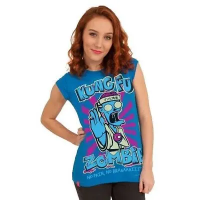 Buy Flip Flop & Fangs Kung Fu Zombie T Turquoise Ladies Funny T-Shirt Pain Brains • 8£