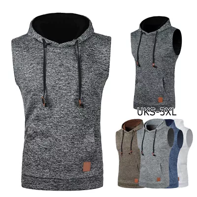 Buy Men Sports Hooded Hoodie Vest Tank Top Pockets Sleeveless Fitness Casual T-Shirt • 9.99£