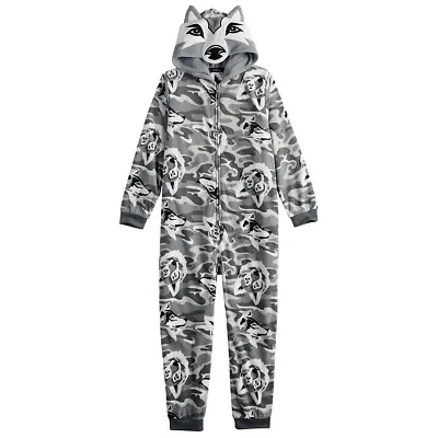 Buy Cuddl Duds Gray Wolf One Piece Pajamas Union Suit Costume Hoodie Boys 4 5 6 7 • 22.04£