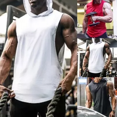 Buy Mens Gym Pullover Vest Sleeveless Casual Hoodie Hooded Tank Top Muscle T-Shirt • 8.94£