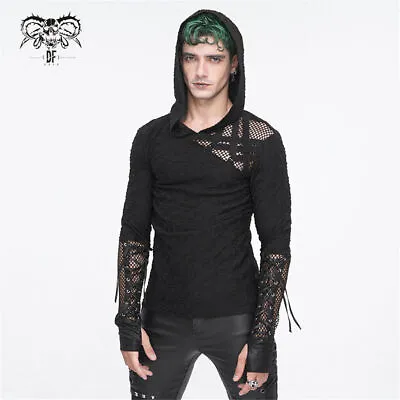 Buy Devil Fashion Men Black Gothic Punk Mesh Splicing Casual Hooded T-Shirt Slim Top • 53.99£