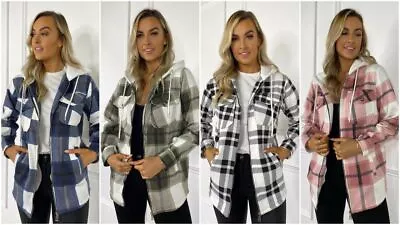 Buy Womens Check Fleece Casual Hooded Jacket Shacket Top Shirt Coat Oversize Baggy • 14.99£