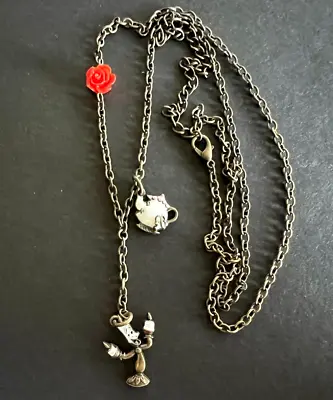 Buy Disney Necklace Beauty & The Beast Rose Mrs. Potts Lumiere's Bronze Tone • 5.79£