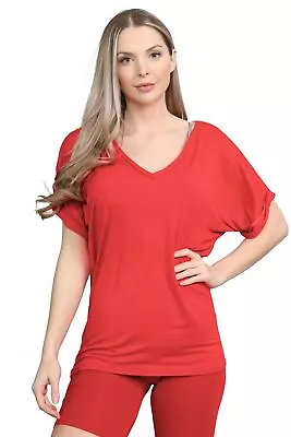 Buy Ladies V Neck Baggy T-Shirt Plain Printed Turn Up Short Sleeve Oversized Tee Top • 8.72£