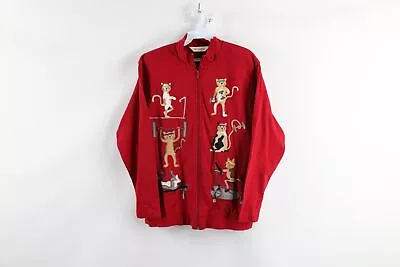 Buy Vintage 90s Streetwear Womens Size Medium Gym Cats Kitten Full Zip Jacket Red • 42.48£