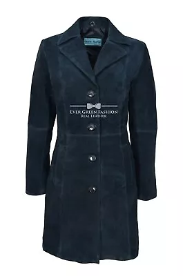 Buy Ladies TRENCH Coat Classic Navy Suede Knee-Length Real Soft Leather Jacket 3457 • 123.74£