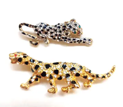 Buy 2 Vintage Rhinestone & Enamel Leopard Panther Wild Cat Brooch Jewelry Lot • 19.27£