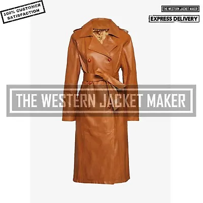 Buy Women Real Leather Trench Coat Women Tan Trench Coat Double Breasted Belted Coat • 137.61£