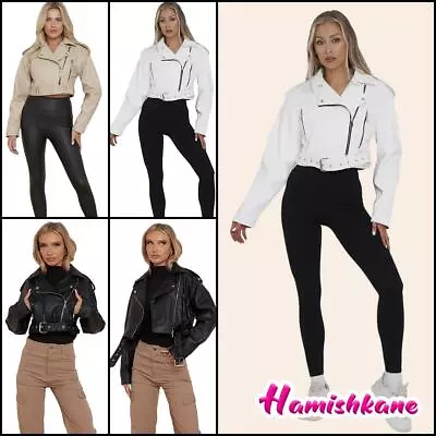 Buy Womens PU Biker Coat Faux Leather Ladies Long Sleeve Zipper Belted Crop Jacket • 25.95£