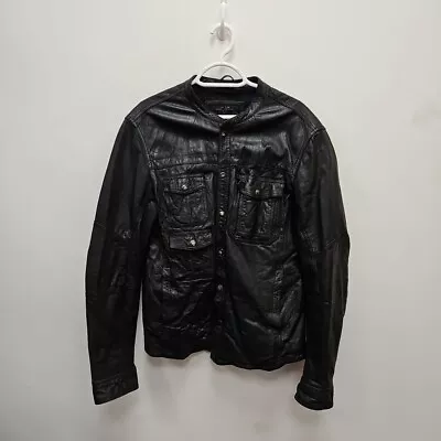 Buy Allsaints Design Black Leather Bomber Button Up Shirt Jacket Size Men's Large • 69.99£