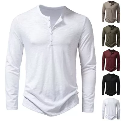 Buy Men Fashion T Shirts Long Sleeve Autumn Loose Fit Daily Wear Henley Neck Tops • 12.79£