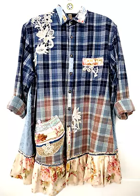 Buy Upcycled Bleached Flannel Shirt OOAK A-Line Tunic Blue Brown Size XL Ruffle Lace • 91.68£