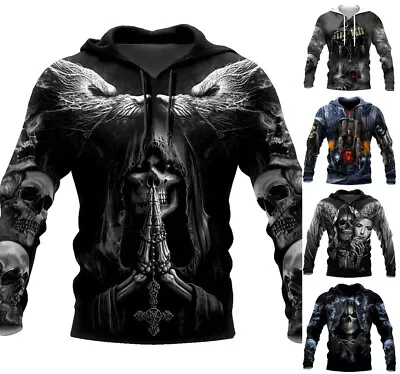 Buy Gothic Skull Hoodie Sweatshirt Mens Graphic Print Top Streetwear Sizes XS-6XL • 33.79£