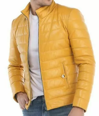 Buy Mens Yellow Genuine Leather Puffer Quilted Bomber Funnel Jacket Size S-5XL • 39.99£