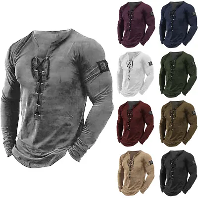 Buy Mens Lace Up Long Sleeve T-Shirt Grandad Gym Fitness Muscle Slim Fit Shirts Tops • 12.49£