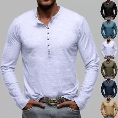 Buy Mens Long Sleeve Shirt Casual Baggy Button Pullover V-Neck Slim T Shirt Tops • 10.29£