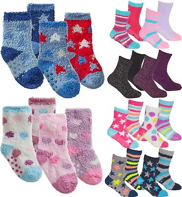 Buy Babies Kids Fluffy Socks Cosy Warm Fuzzy Slipper Bed Sock With Grips (4 Pairs) • 5.99£