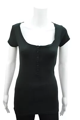 Buy Womens Short Sleeve Button T-Shirt Top Ribbed Cotton Size 14 Black PC • 5.99£
