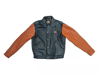 Buy Harley Davidson Leather Jacket Black/Orange Flannel Lined 90s Vintage - Size L • 49.99£