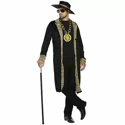 Buy 70s Black Pimp Rapper Gangster Costume Adults Fancy Dress Outfit Jacket Hat Only • 21.99£