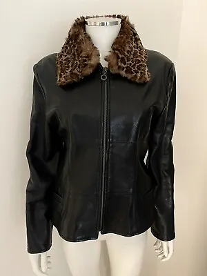 Buy Ashy Originals Ladies Leather Jacket Vintage Black Size M Faux Fur Collar • 50£