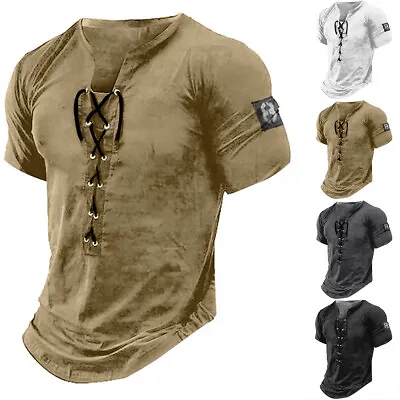 Buy Mens Lace Up Muscle Slim Fit T-Shirt Grandad Short Sleeve Gym Fitness Tee Tops • 11.79£