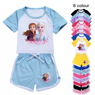 Buy 2PC Kids Girls Elsa Anna Princess Casual T-shirt Tracksuit Top Shorts Outfit Set • 8.54£