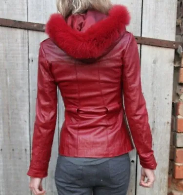 Buy Dark Red Leather Fox Fur Trimmed Hood Fitted Jacket Small 8 10  • 35£