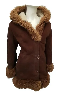 Buy Real Sheepskin Shearling Vintage Afghan Hooded Lady's Coat Jacket Sz S  8 10 • 134.99£