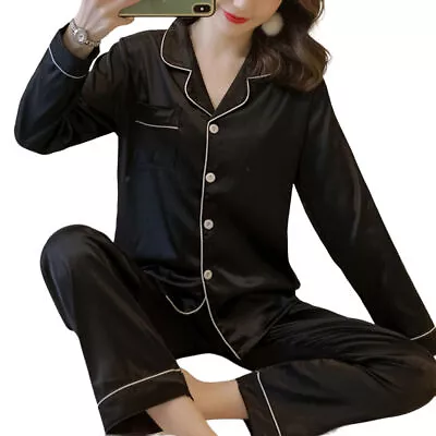 Buy Womens Satin Pyjamas Ladies PJs Silk Long Sleeve Sleepwear Nightwear Nighty Set • 11.09£