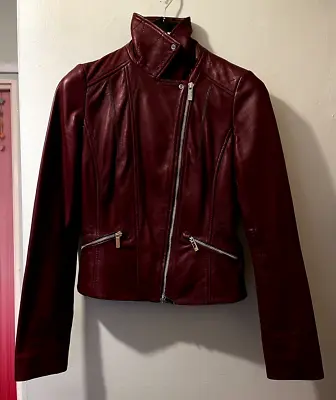 Buy Karen Millen (Genuine) Dark Red Leather Signature Biker Jacket In Size 8 • 150£