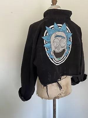 Buy Rick And Morty Hand Painted Black Denim Cropped Jacket Women SZ XL • 37.80£