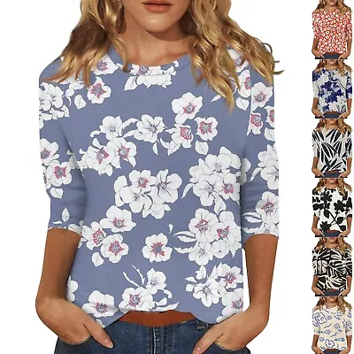 Buy Women's Fashion Casual Three Quarter Sleeve T-Shirt Flower Print O-Neck Tops Tee • 9.84£