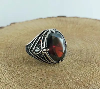 Buy 925 Sterling Silver Handmade Engraved Men's Ring With Oval Shape Red Ruby Stone • 53.01£