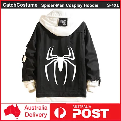 Buy Spider-Man Black Denim Hoodie Spider Print Fashion Jean Jacket Coat Unisex • 36.34£