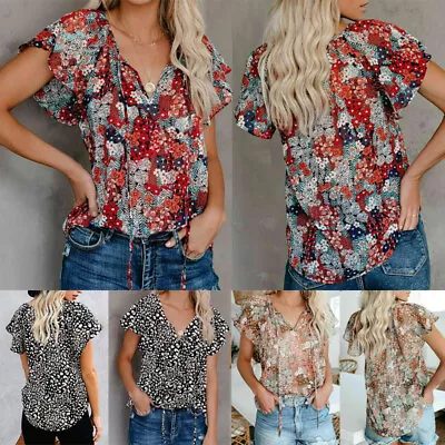 Buy Summer V Womens Neck Short Sleeve T Shirt Floral Print Casual Loose Tops Blouse • 6.94£