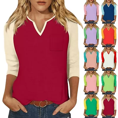 Buy Women's Raglan Sleeve Pocket V-Neck 3/4 Sleeve Loose Printed T-Shirt Ladies Top • 11.76£
