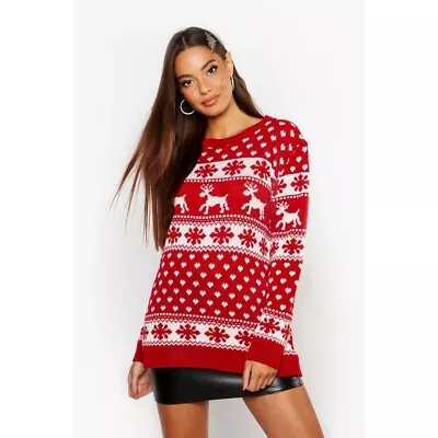 Buy Reindeer & Snowflake Xmas Christmas Jumper RRP £18 Medium M 10/12 Red White • 7.99£