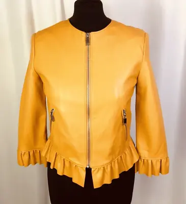 Buy Zara Jacket Faux Leather Frill Hem 3/4 Sleeve Mustard Yellow Women's Small C1595 • 14.24£