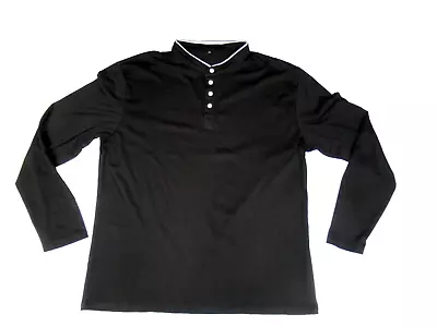 Buy Mens Shirt XL Black Long T Shirt Sleeve Band Collar Cotton Buttons White Trim • 8.99£