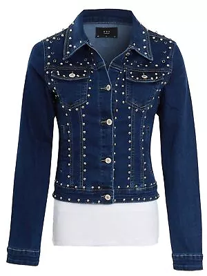 Buy Womens Size 14 12 10 8 Stretch Stud Denim Jacket  Jean Jackets Indigo Blue • 27.95£