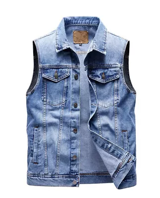 Buy Men's Denim Vest Jacket Coat Waistcoat Multi-Pocket Jeans Sleeveless Jacket Top • 30.68£