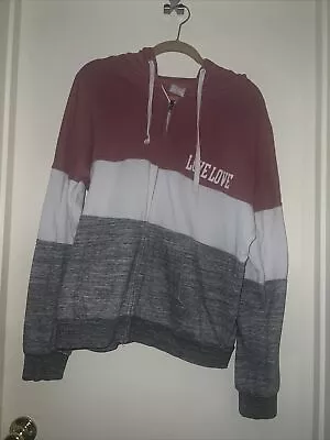 Buy Reflex Women’s XL Pink Gray White Hooded Zip Up Love Grunge Sweater Drawstring • 14.47£