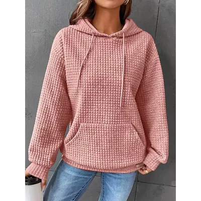 Buy Women Waffle Long Sleeve Hoodie Tops Ladies Casual Baggy Plain Hooded Sweatshirt • 17.45£