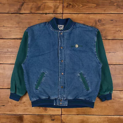 Buy Vintage Lee Varsity Jacket L 90s Bomber Denim Blue Snap • 44.99£