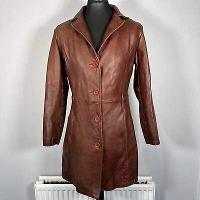 Buy Vintage Brown Dark Tan Leather Trench Coat Jacket Collar 3 Buttons Women's 12 M • 129.99£