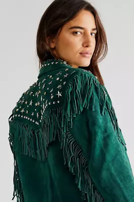 Buy FP Understated Leather 'Paris Texas' Suede Star Stud Fringe Jacket SMALL RRP$647 • 179£