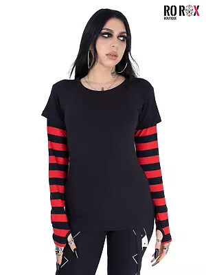 Buy Poizen Industries Menace T-Shirt 2-in-1 Red Stripe Long Sleeve Gothic Emo Punk • 22.49£