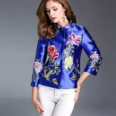 Buy Stylish Chinese Robe Women Embroidery Stand Collar Silk Coats Jacket Slim Fit • 73.51£