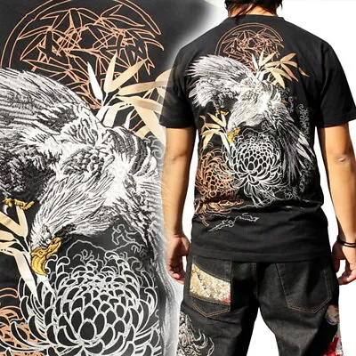 Buy Mens Summer T-Shirt Japanese Pattern Embroidery Hawk Falcon Bird Of Prey Black • 83.88£